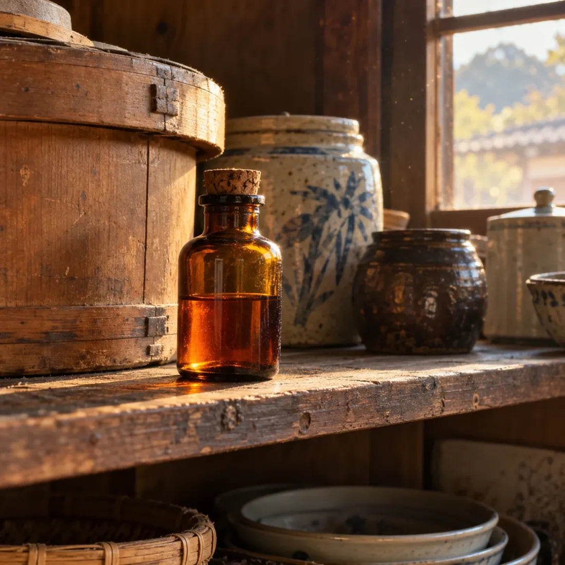 A small dark bottle of orange oil on a kitchen shelf