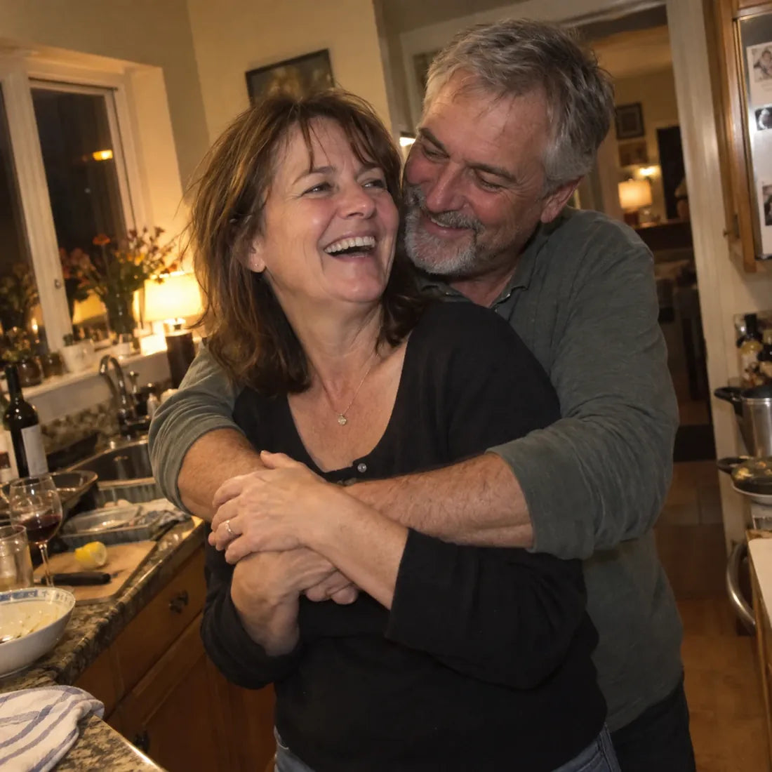 A husband hugging his wife in their kitchen