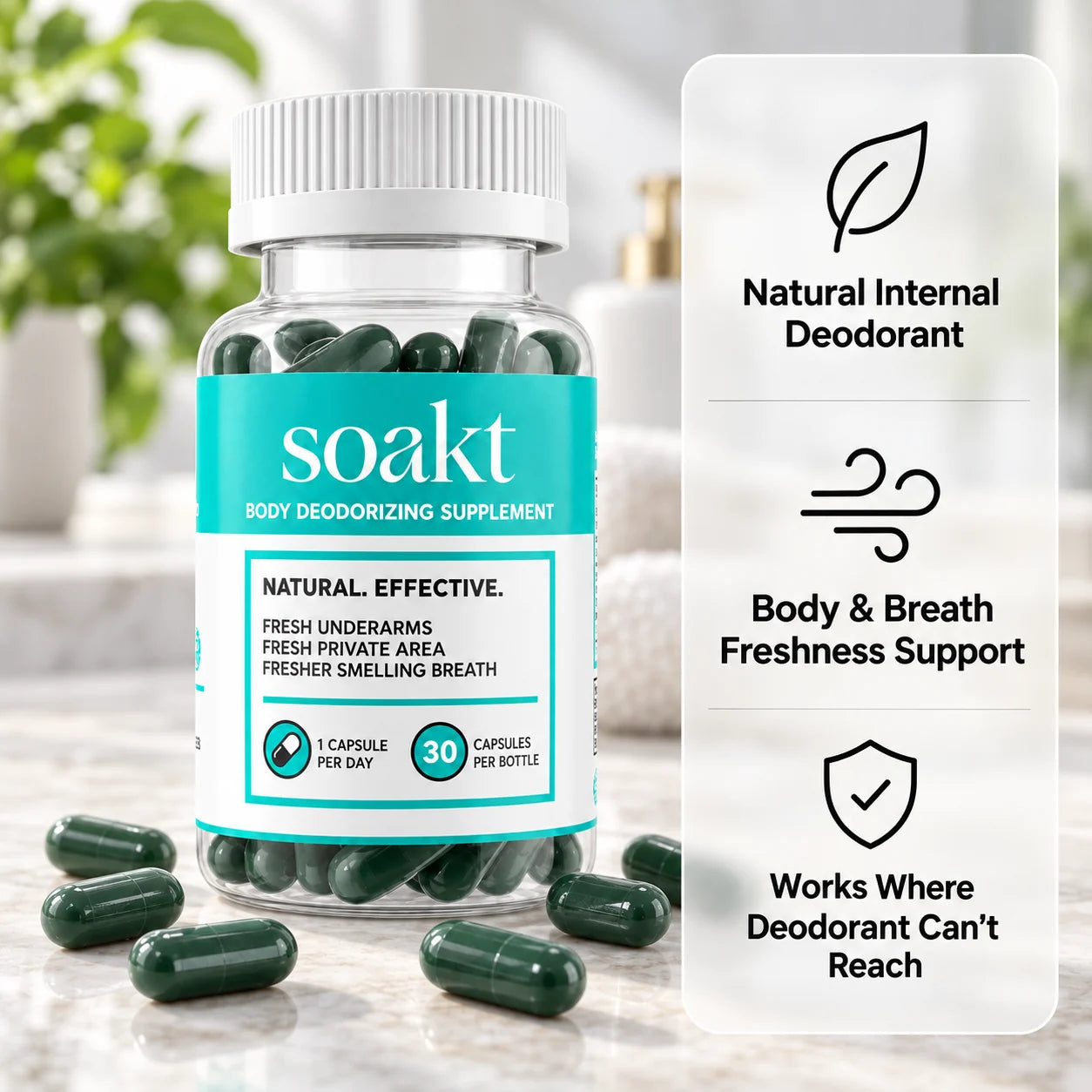 Soakt Chlorophyll internal deodorant bottle with dark green capsules: natural internal deodorant, body and breath freshness support