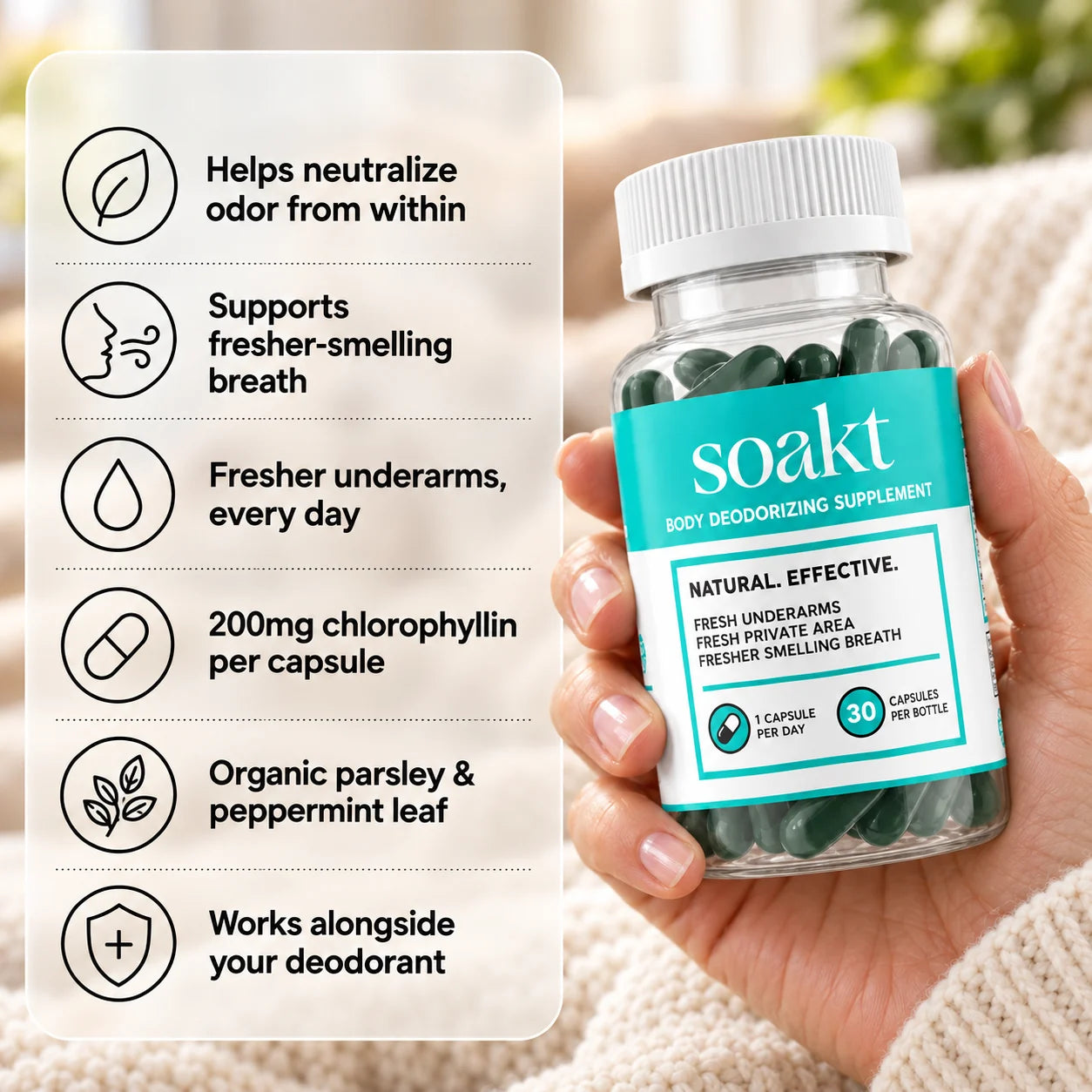 Hand holding Soakt Chlorophyll bottle with six benefits