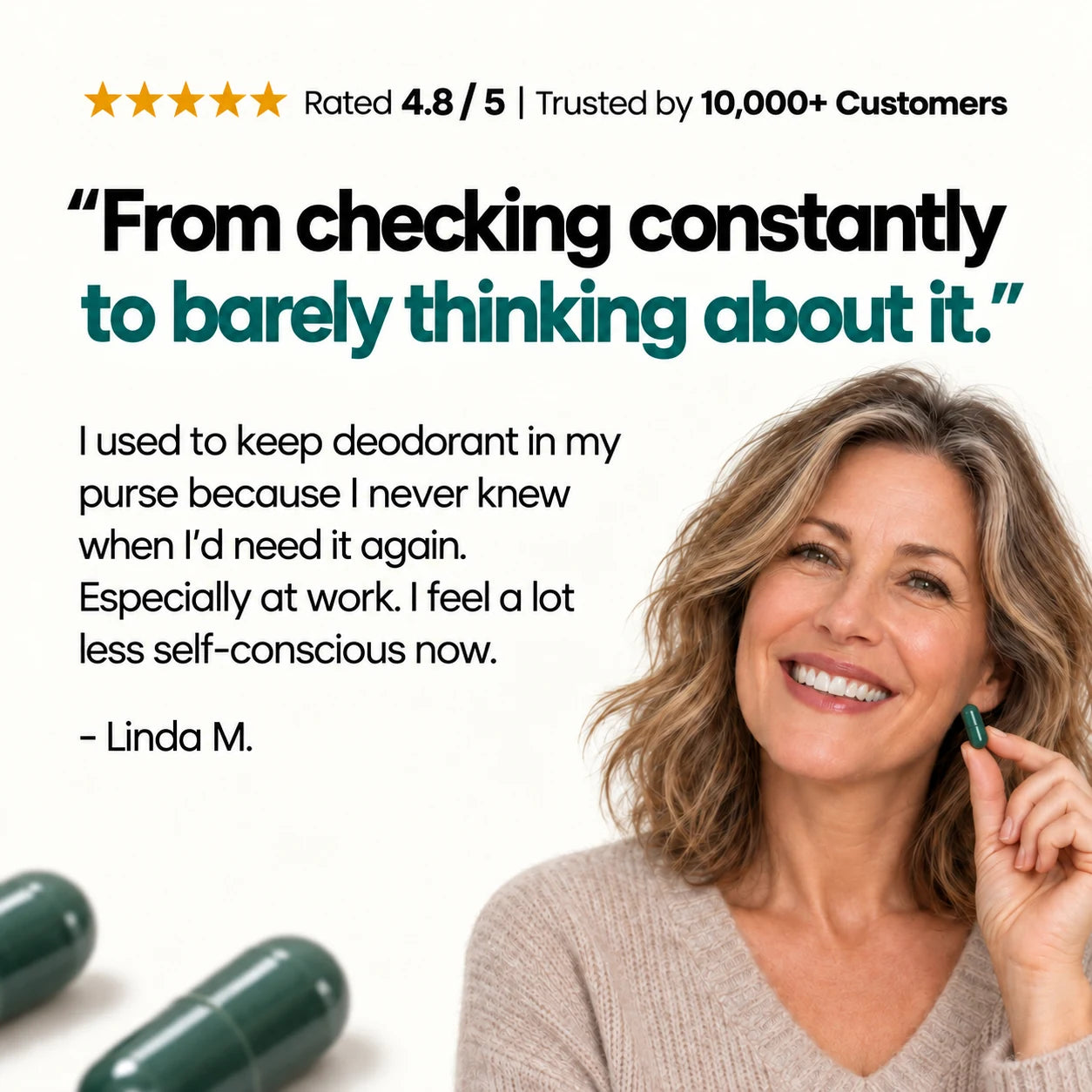 Rated 4.8/5, trusted by 10,000+ customers. Customer review from Linda M.