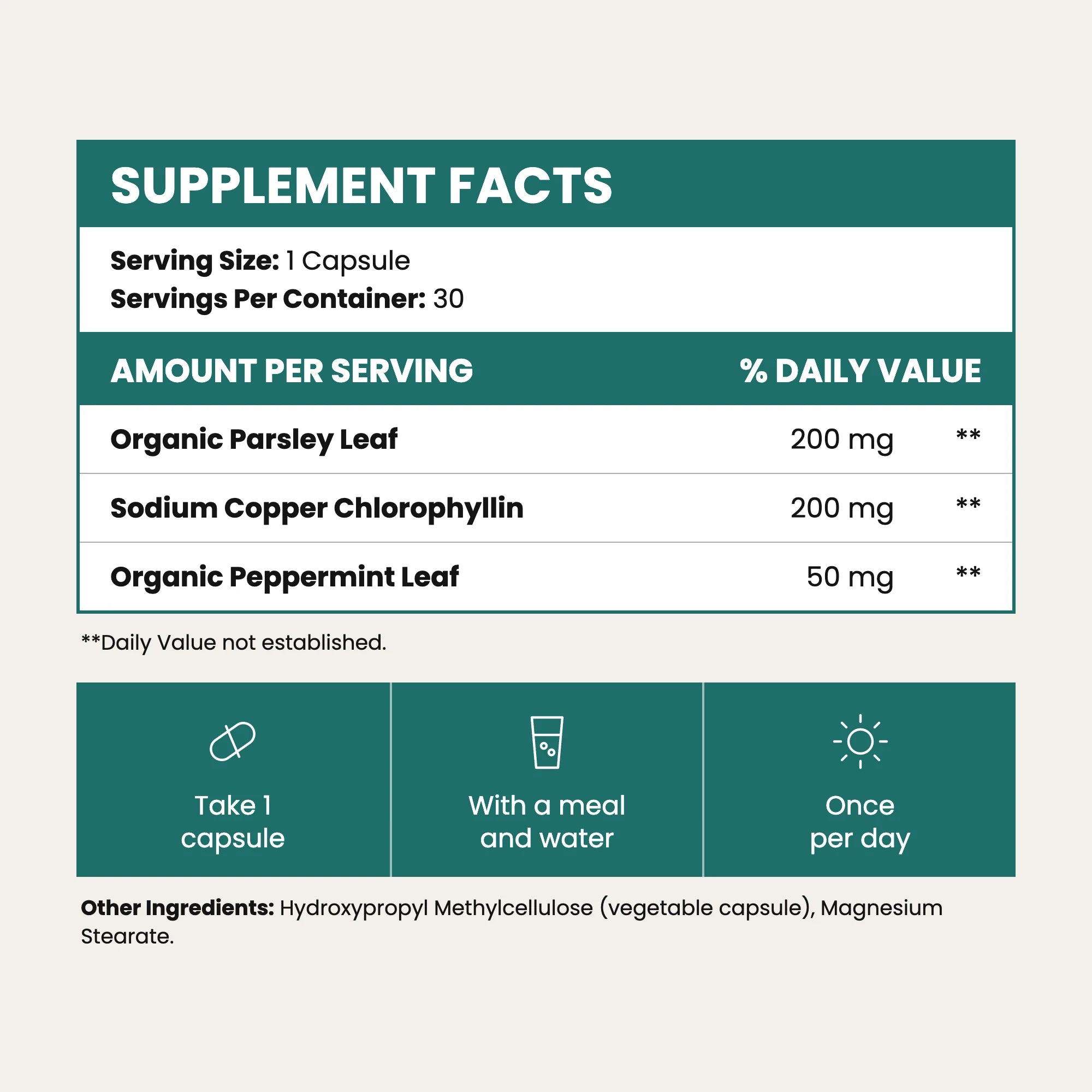 Supplement Facts: Organic Parsley Leaf 200mg, Sodium Copper Chlorophyllin 200mg, Organic Peppermint Leaf 50mg