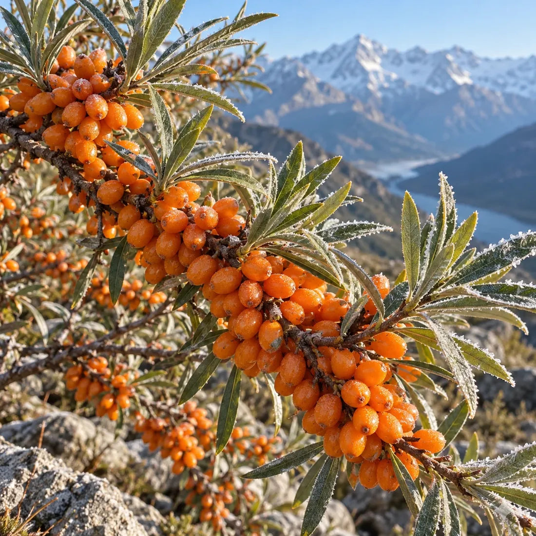 Wild sea buckthorn branch with orange berries